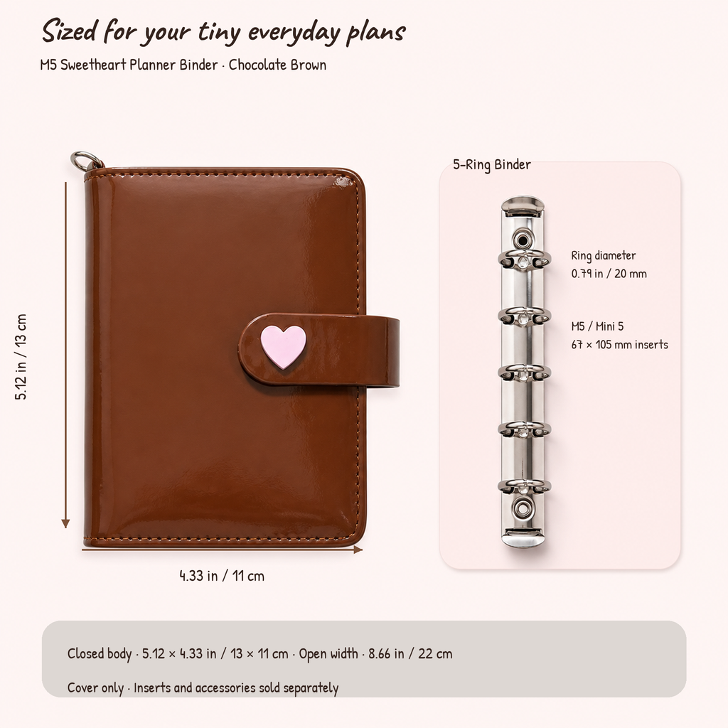 Chocolate brown M5 five-ring planner binder cover size and insert compatibility guide