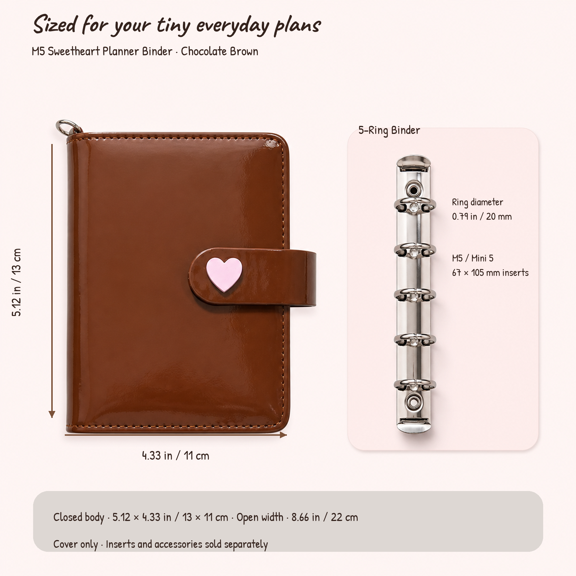 Chocolate brown M5 five-ring planner binder cover size and insert compatibility guide