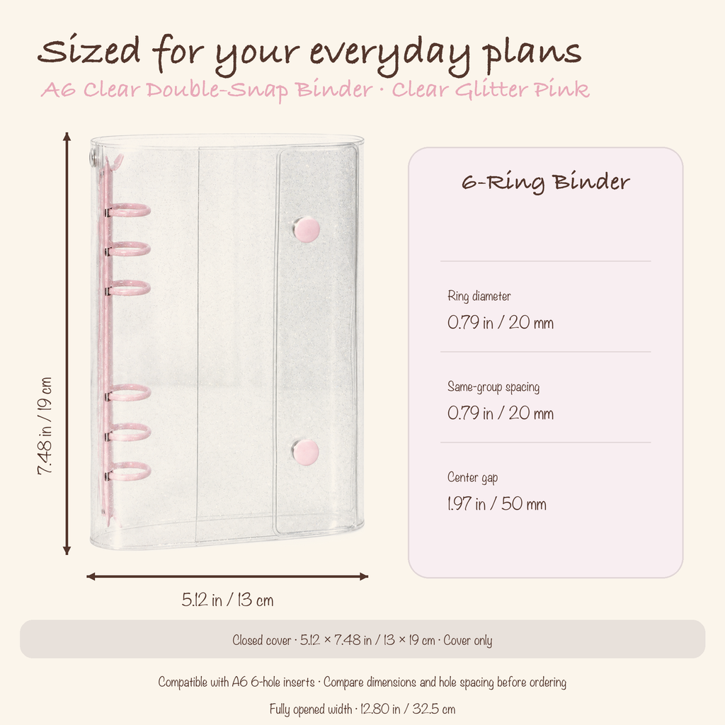 Clear Glitter Pink A6 clear planner binder dimensions, ring diameter, and hole spacing