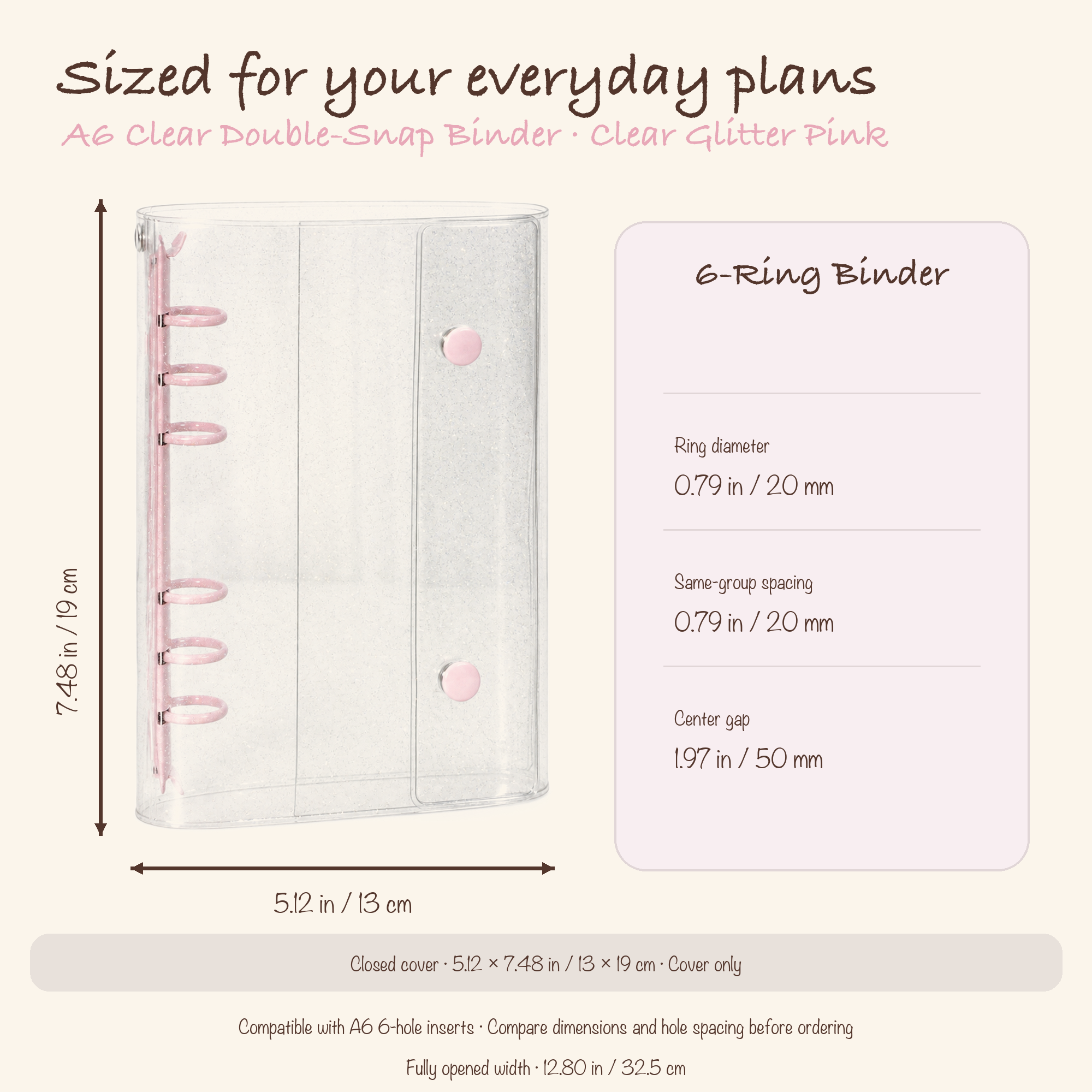 Clear Glitter Pink A6 clear planner binder dimensions, ring diameter, and hole spacing