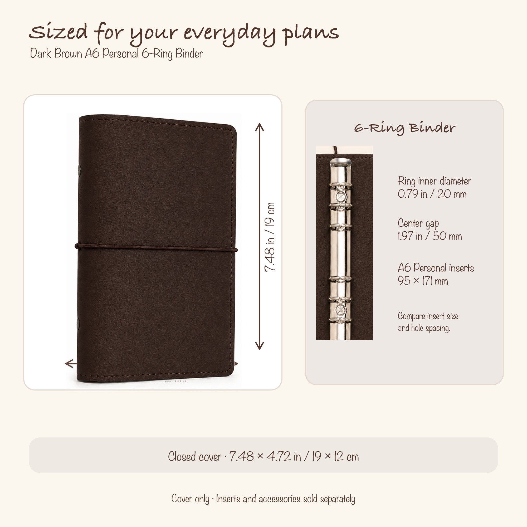 Dark Brown A6 Personal planner binder size and six-ring insert compatibility guide