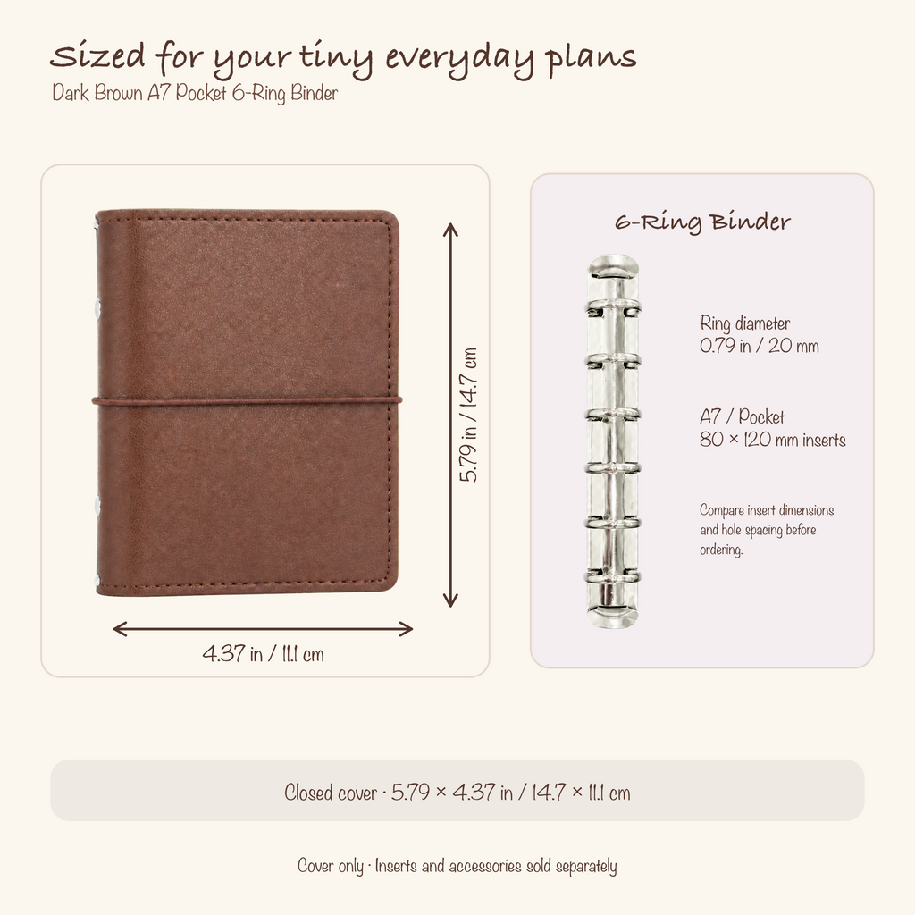 Dark Brown A7 Pocket six-ring planner cover size and insert compatibility guide