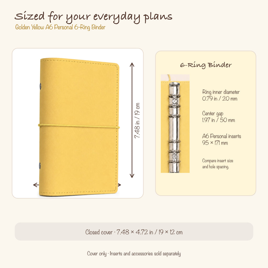 Butter Yellow A6 Personal planner binder size and six-ring insert compatibility guide