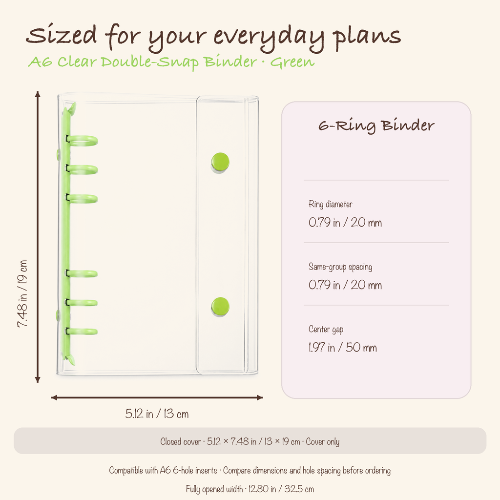Green A6 clear planner binder dimensions, ring diameter, and hole spacing