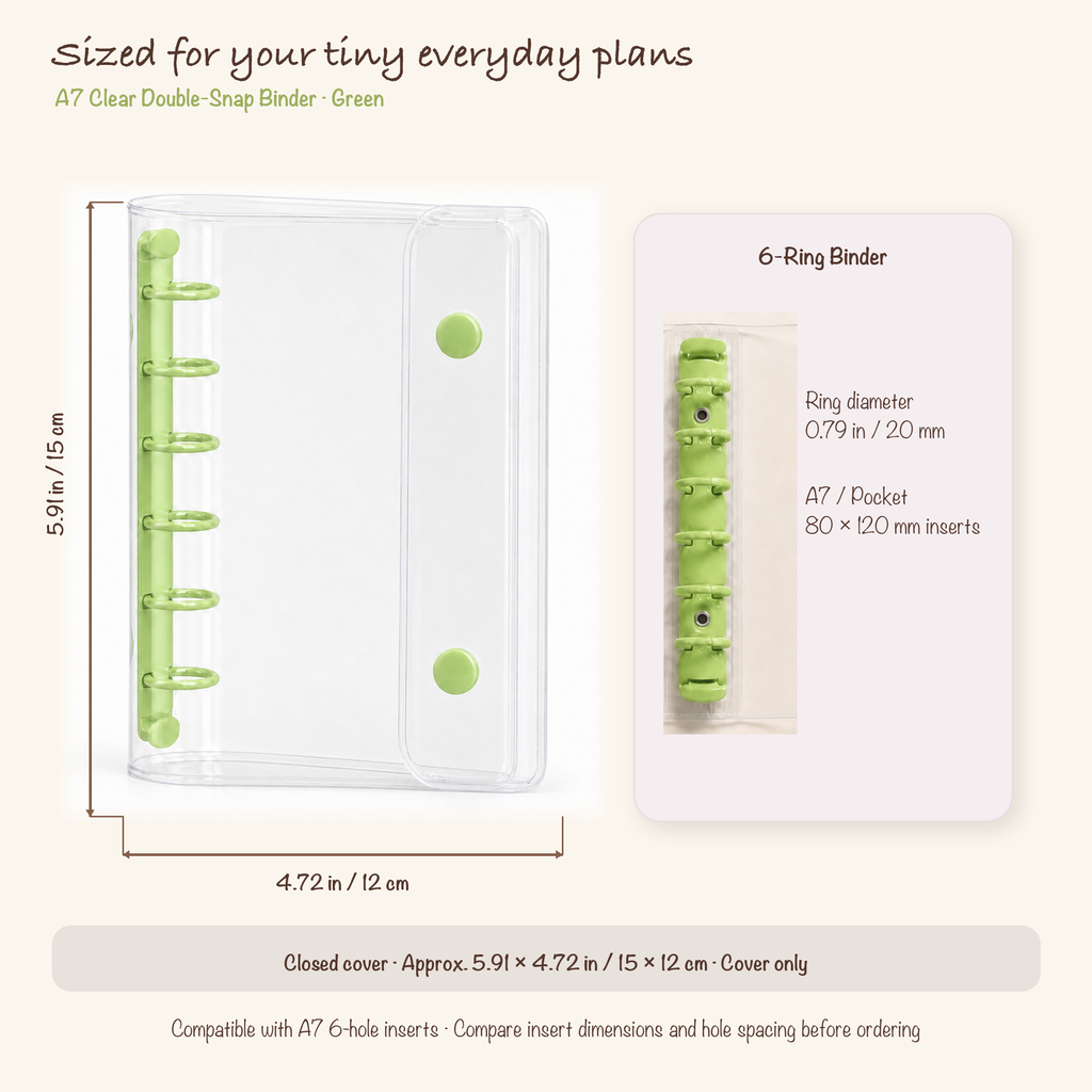 Green A7 clear planner binder dimensions and 20 mm six-ring specification