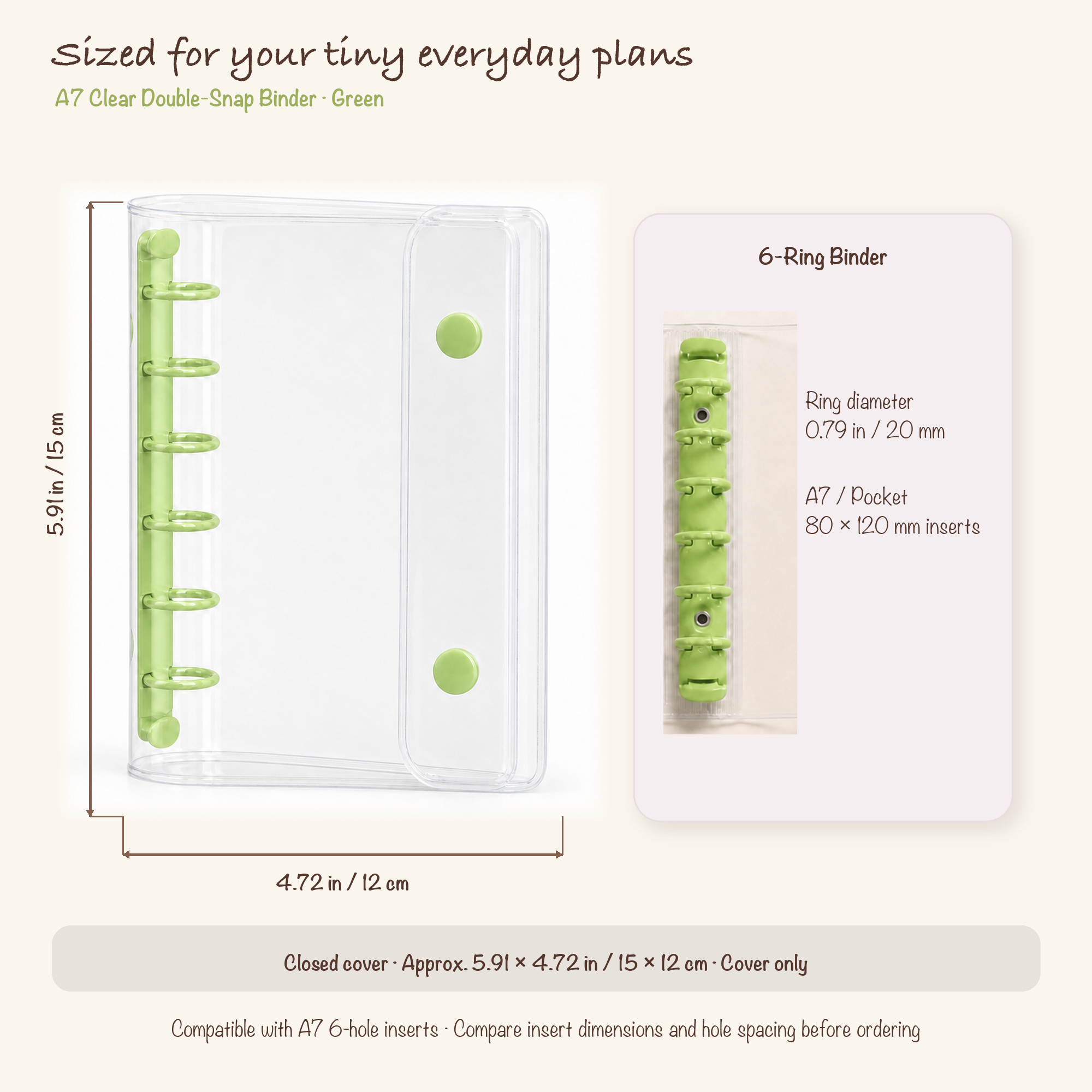 Green A7 clear planner binder dimensions and 20 mm six-ring specification