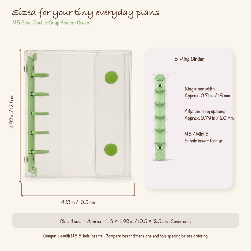 Green M5 clear planner binder dimensions, 18 mm ring inner width and five-hole spacing