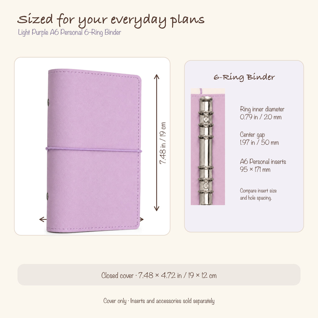 Light Purple A6 Personal planner binder size and six-ring insert compatibility guide