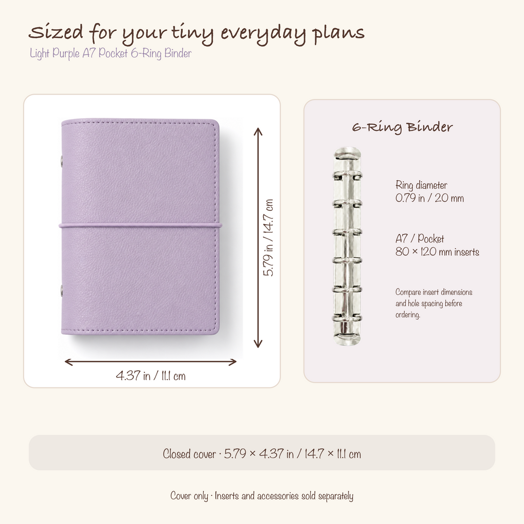 Light Purple A7 Pocket six-ring planner cover size and insert compatibility guide