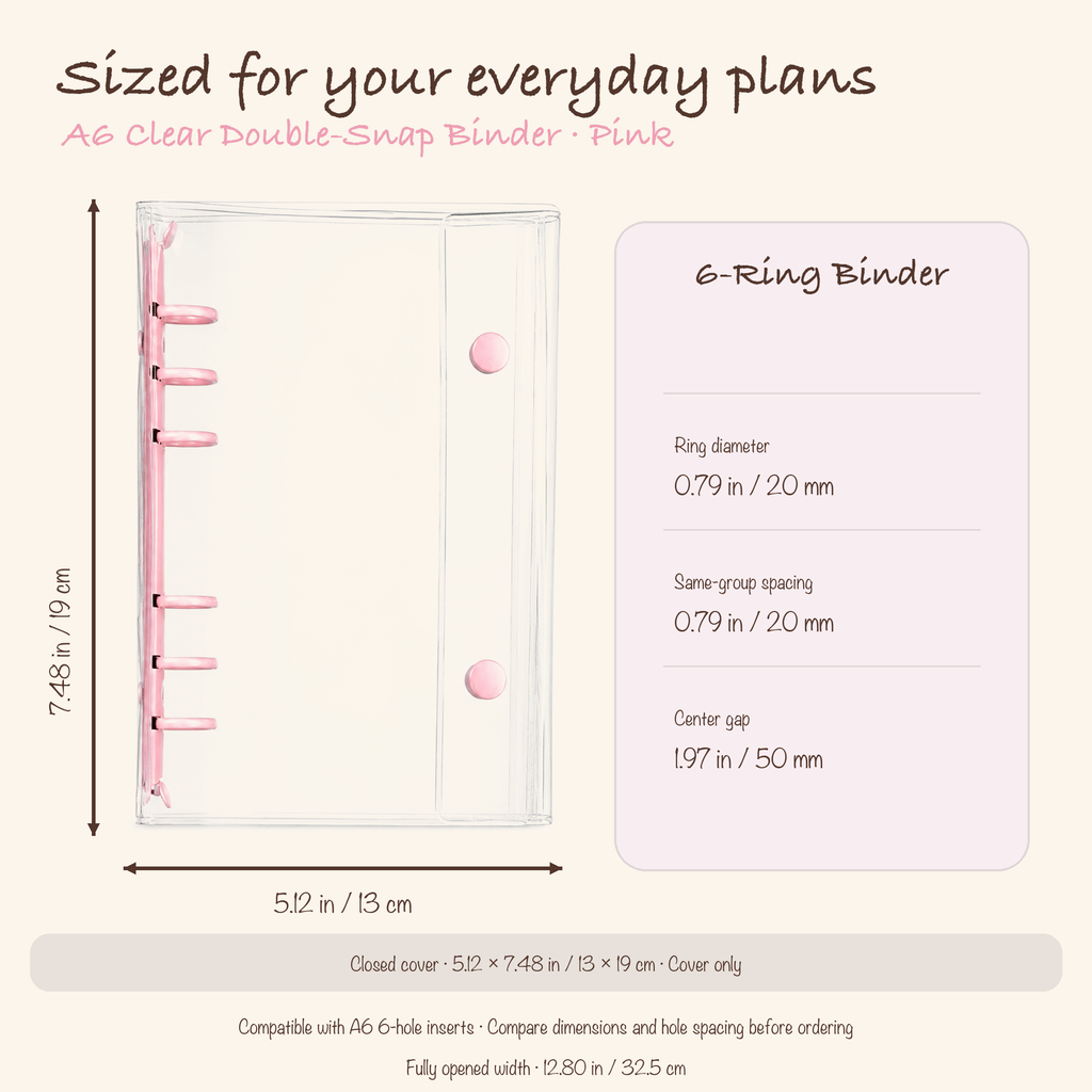 Pink A6 clear planner binder dimensions, ring diameter, and hole spacing