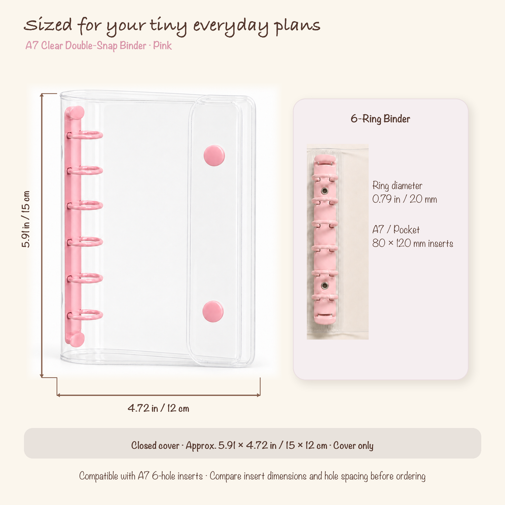 Pink A7 clear planner binder dimensions and 20 mm six-ring specification