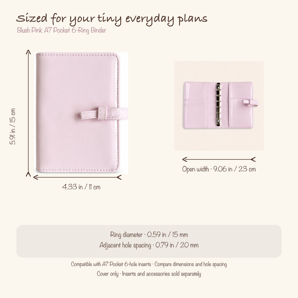 Blush pink bow A7 Pocket planner cover dimensions, 15 millimeter rings and 20 millimeter adjacent hole spacing