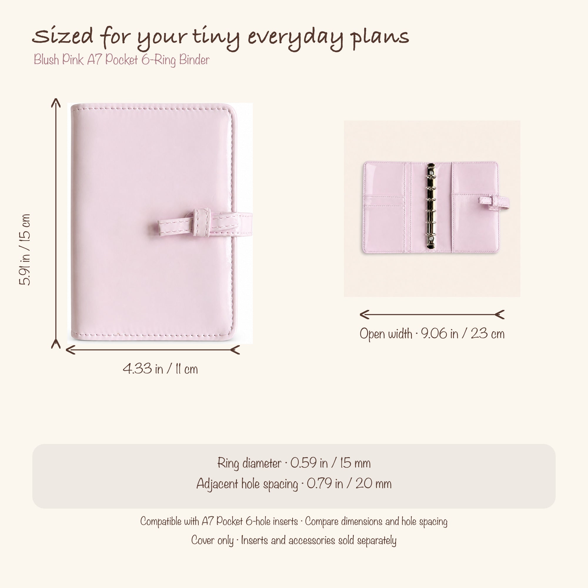 Blush pink bow A7 Pocket planner cover dimensions, 15 millimeter rings and 20 millimeter adjacent hole spacing