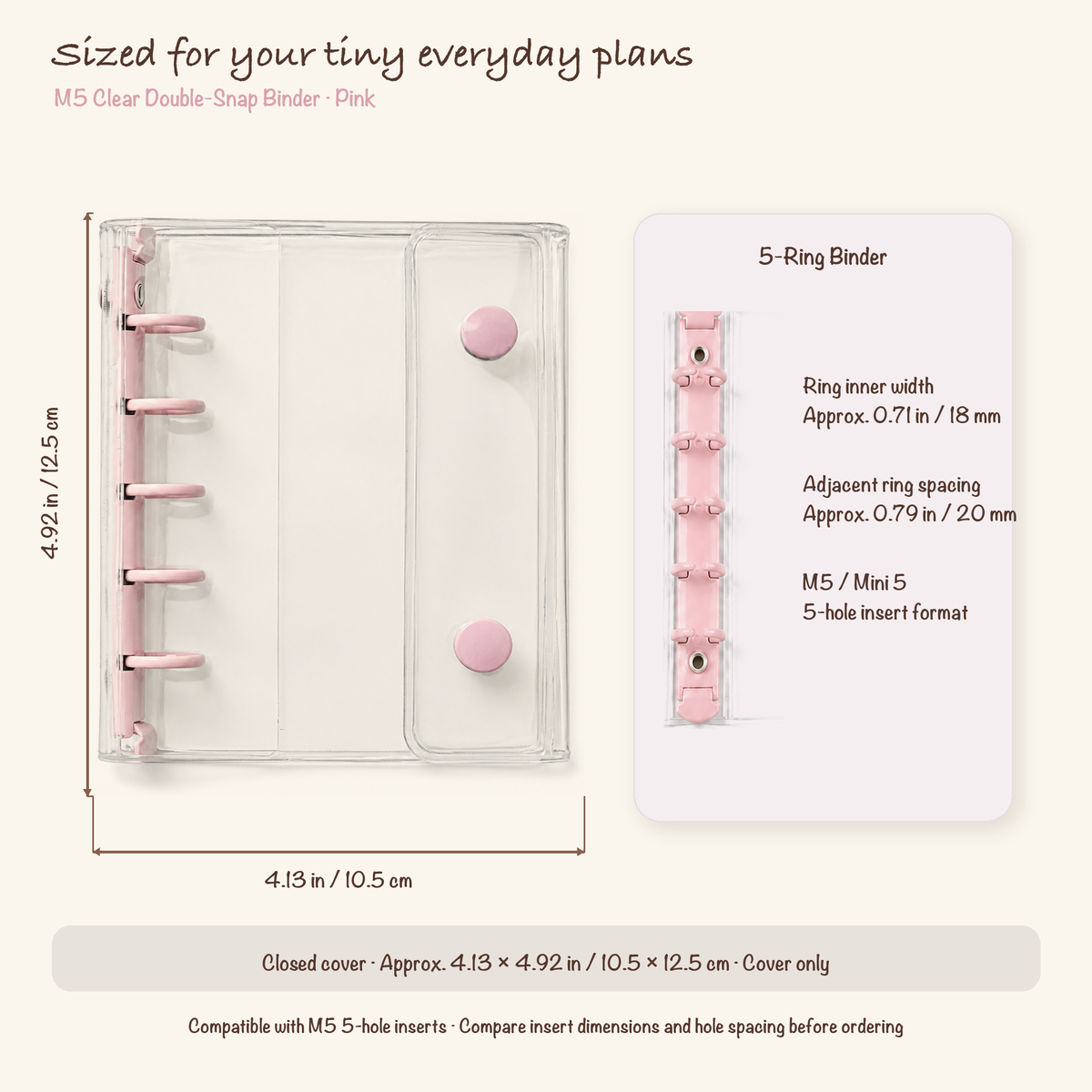 Pink M5 clear planner binder dimensions, 18 mm ring inner width and five-hole spacing