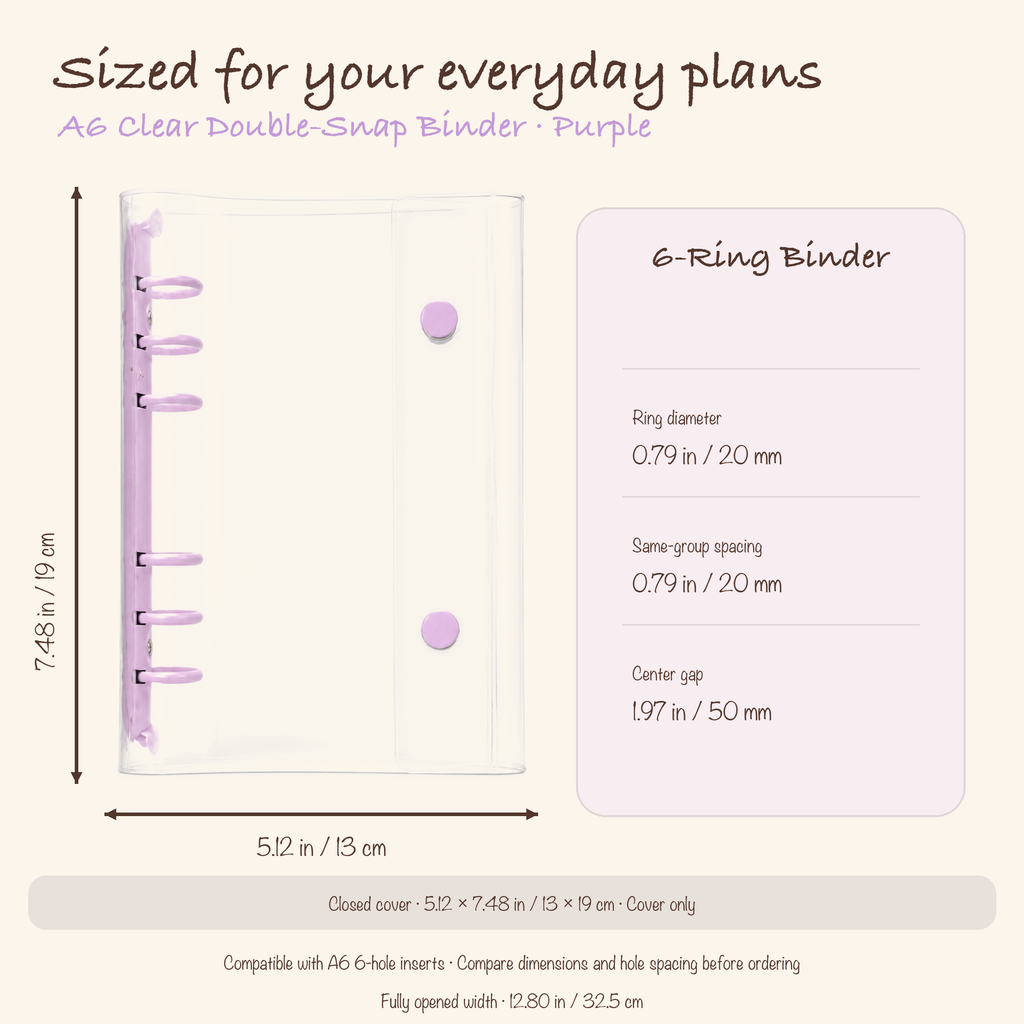 Purple A6 clear planner binder dimensions, ring diameter, and hole spacing