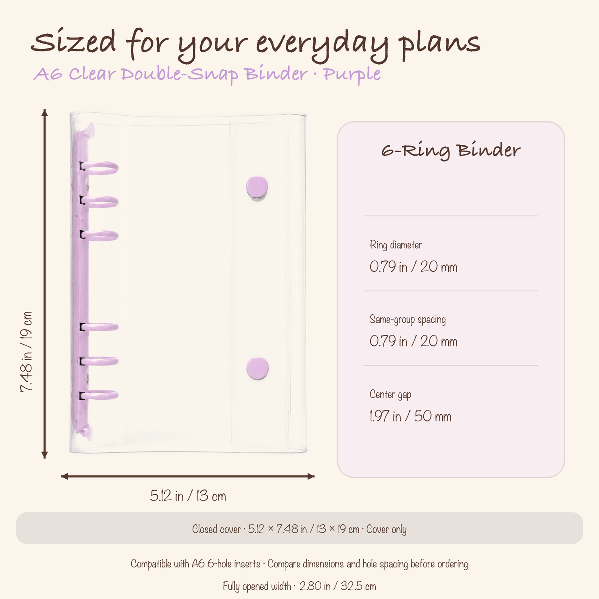 Purple A6 clear planner binder dimensions, ring diameter, and hole spacing