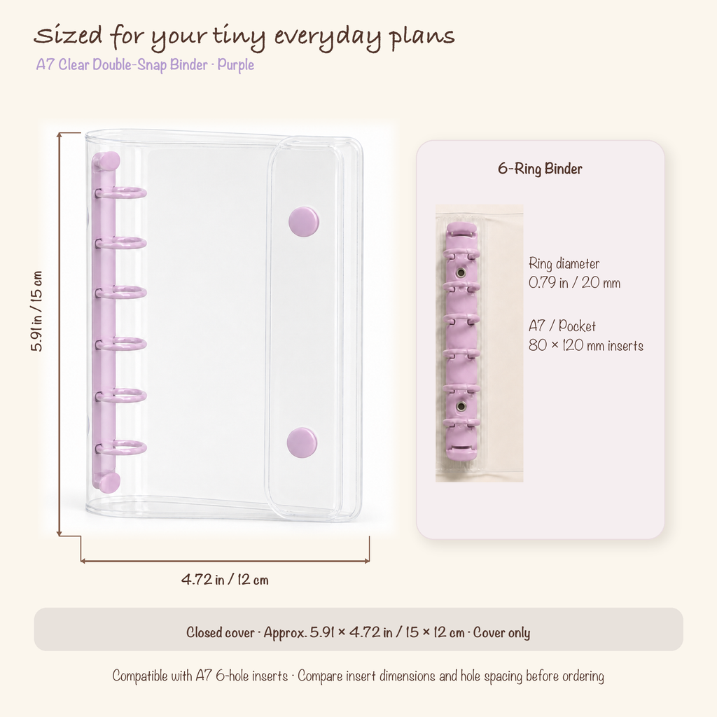 Purple A7 clear planner binder dimensions and 20 mm six-ring specification