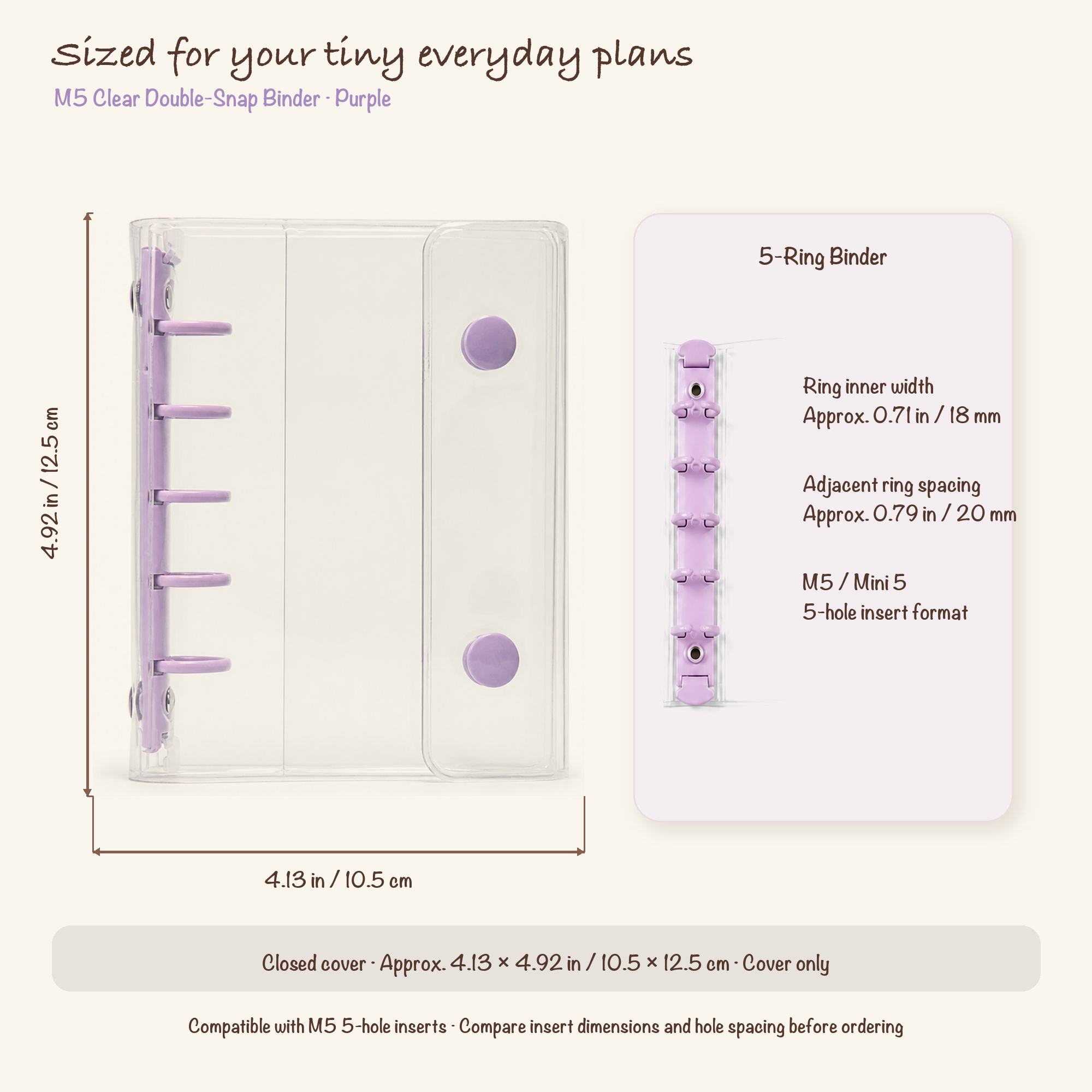 Purple M5 clear planner binder dimensions, 18 mm ring inner width and five-hole spacing