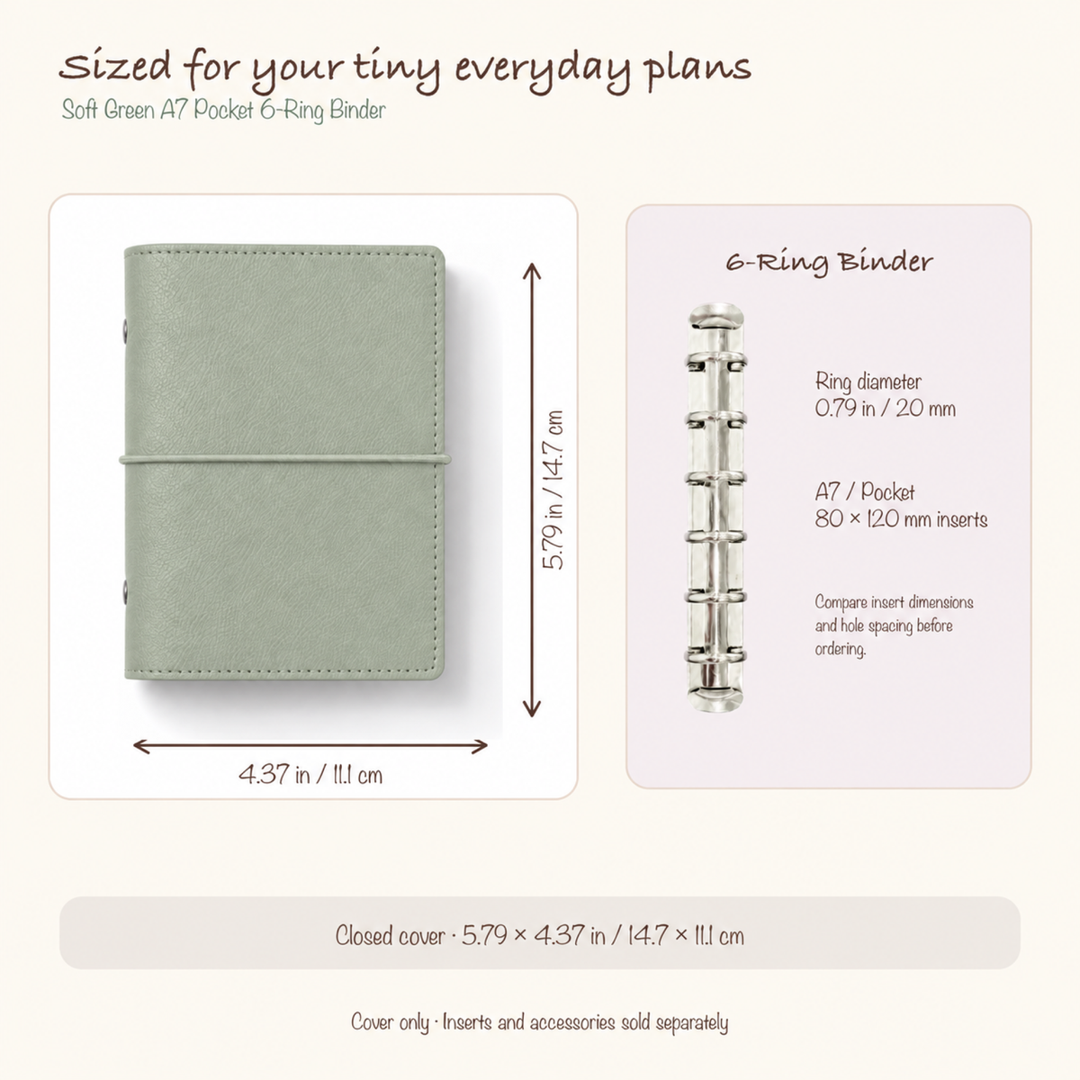 Soft Green A7 Pocket six-ring planner cover size and insert compatibility guide