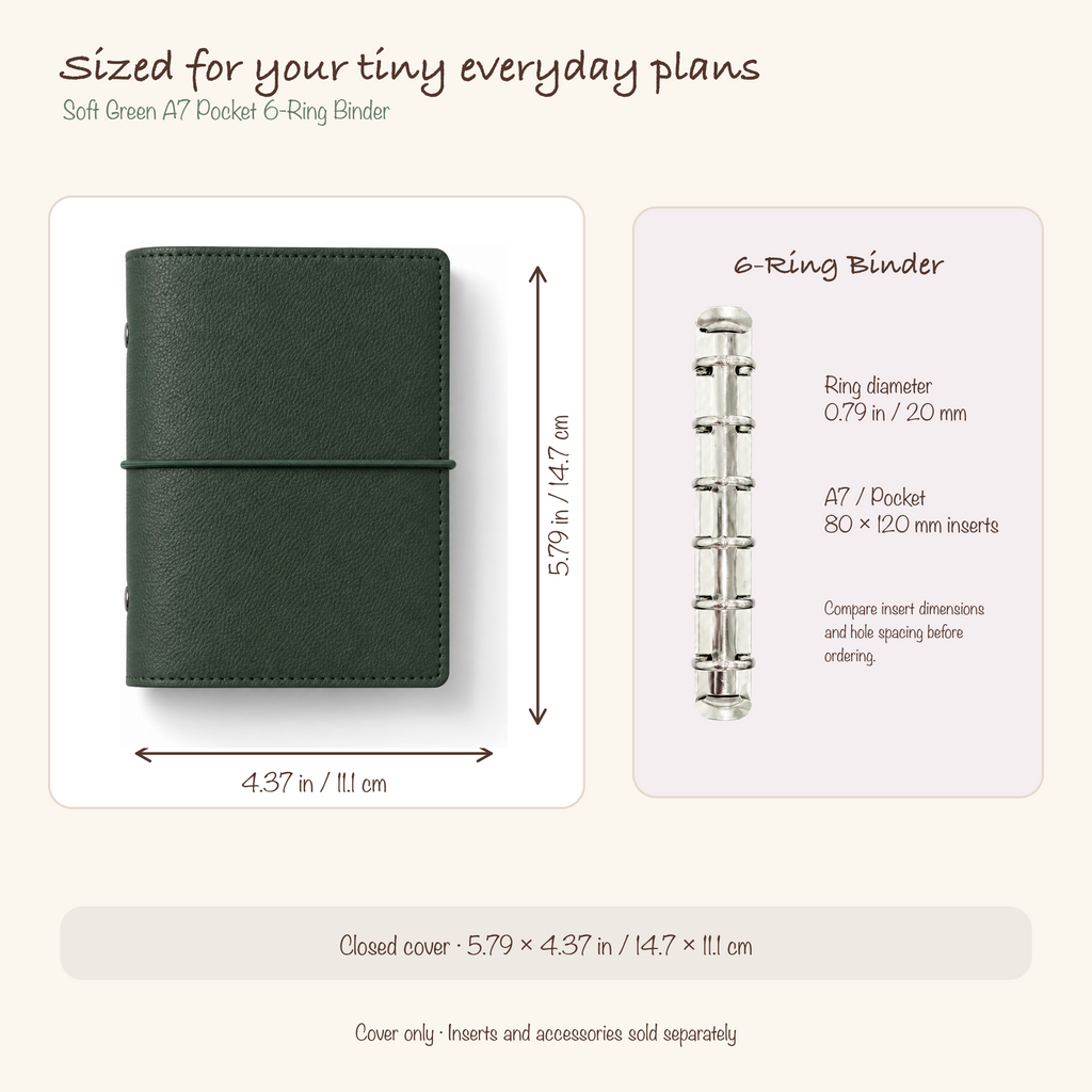 Soft Green A7 Pocket six-ring planner cover size and insert compatibility guide