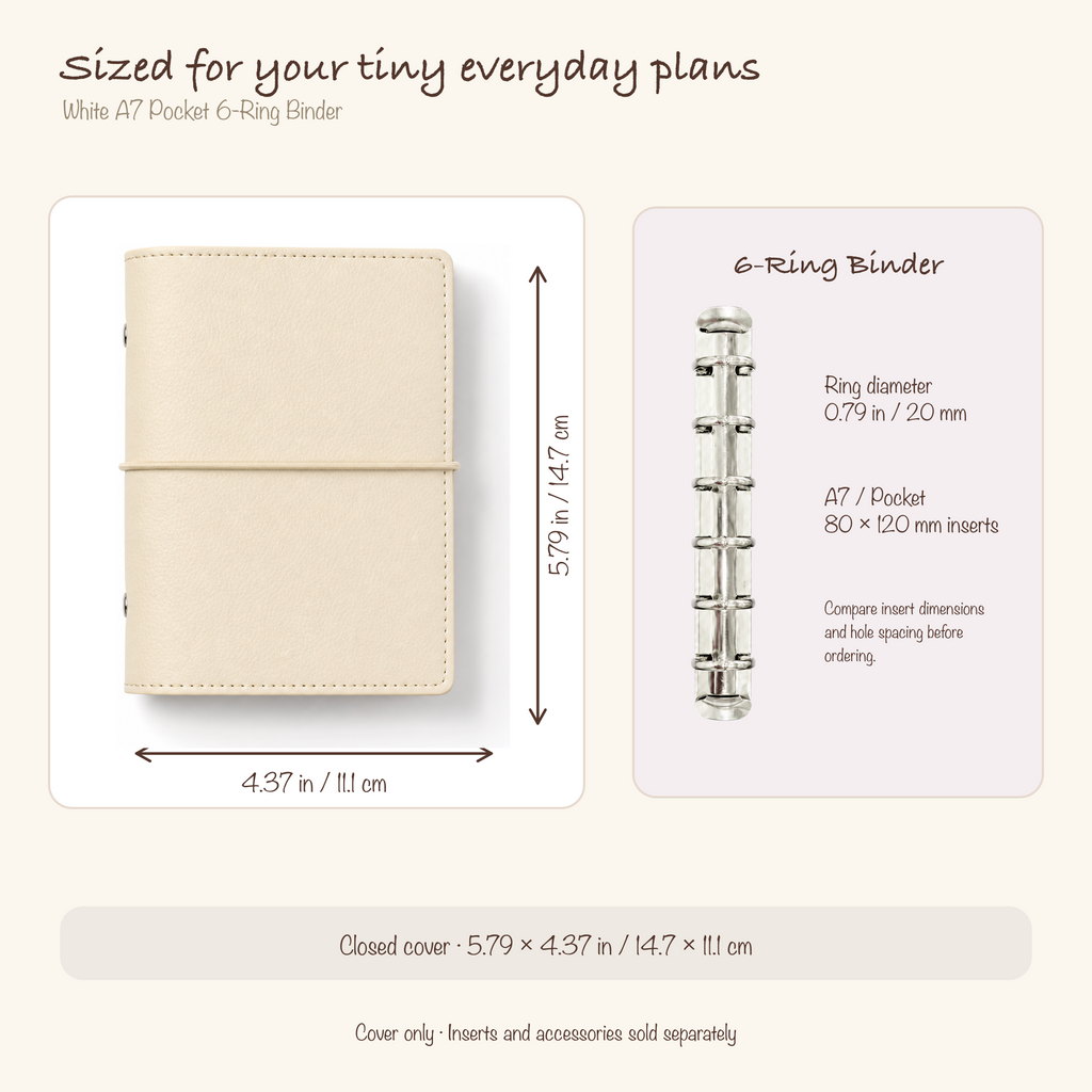 White A7 Pocket six-ring planner cover size and insert compatibility guide