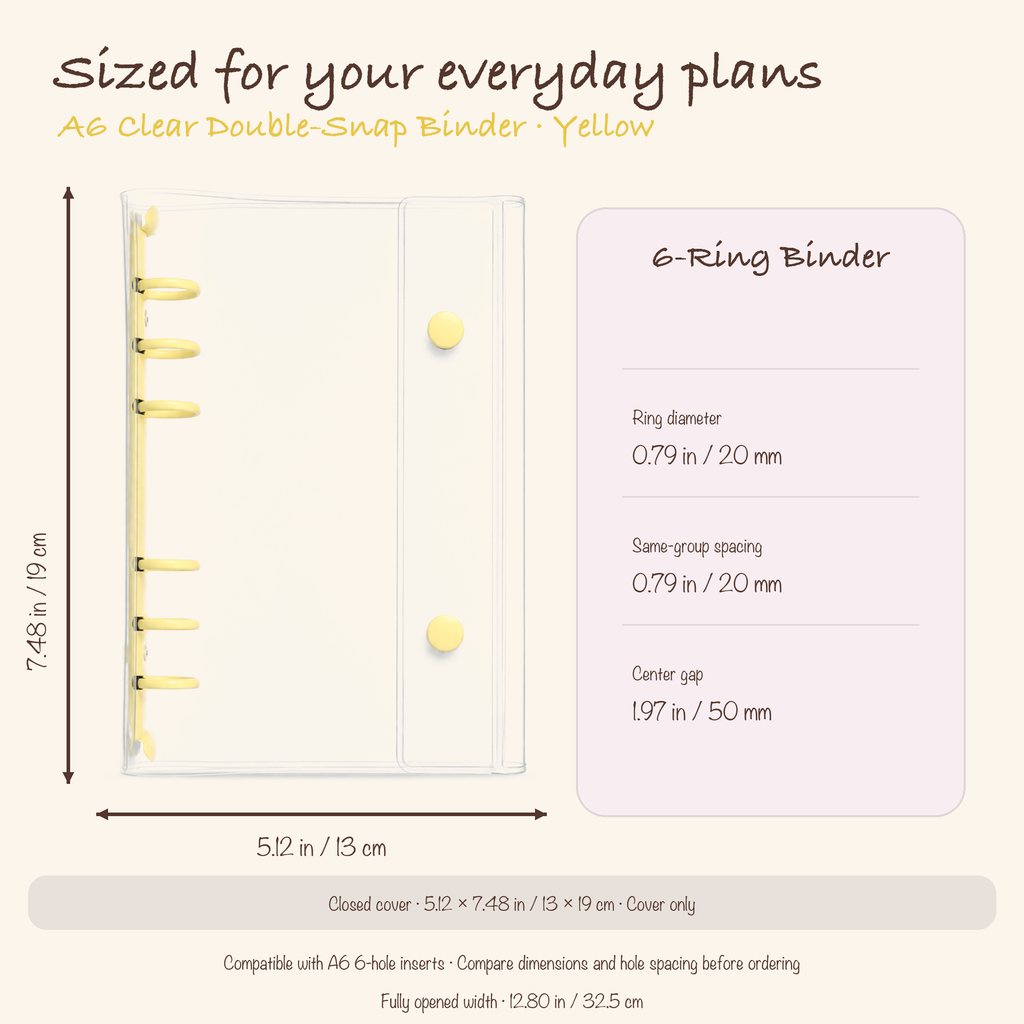 Yellow A6 clear planner binder dimensions, ring diameter, and hole spacing