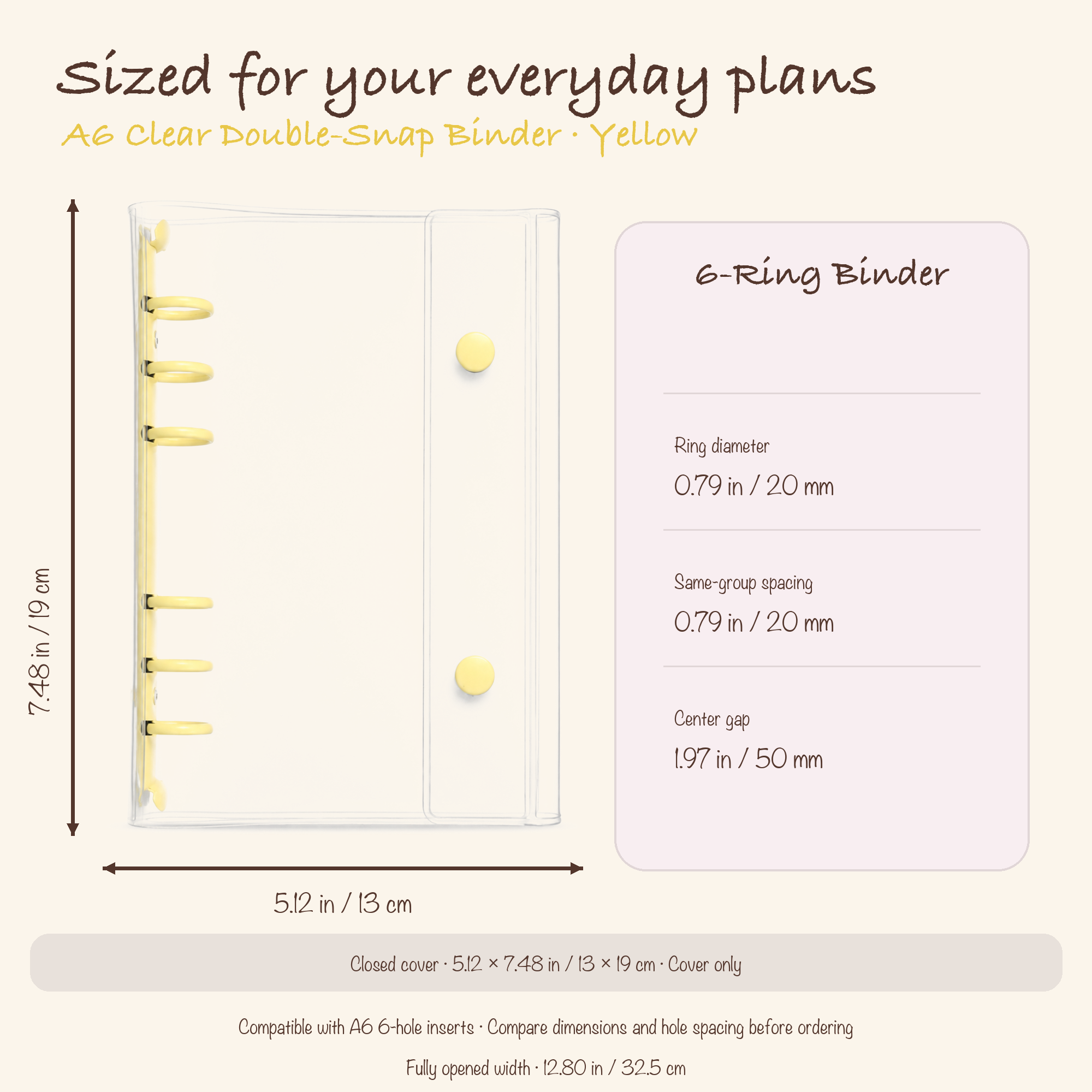 Yellow A6 clear planner binder dimensions, ring diameter, and hole spacing