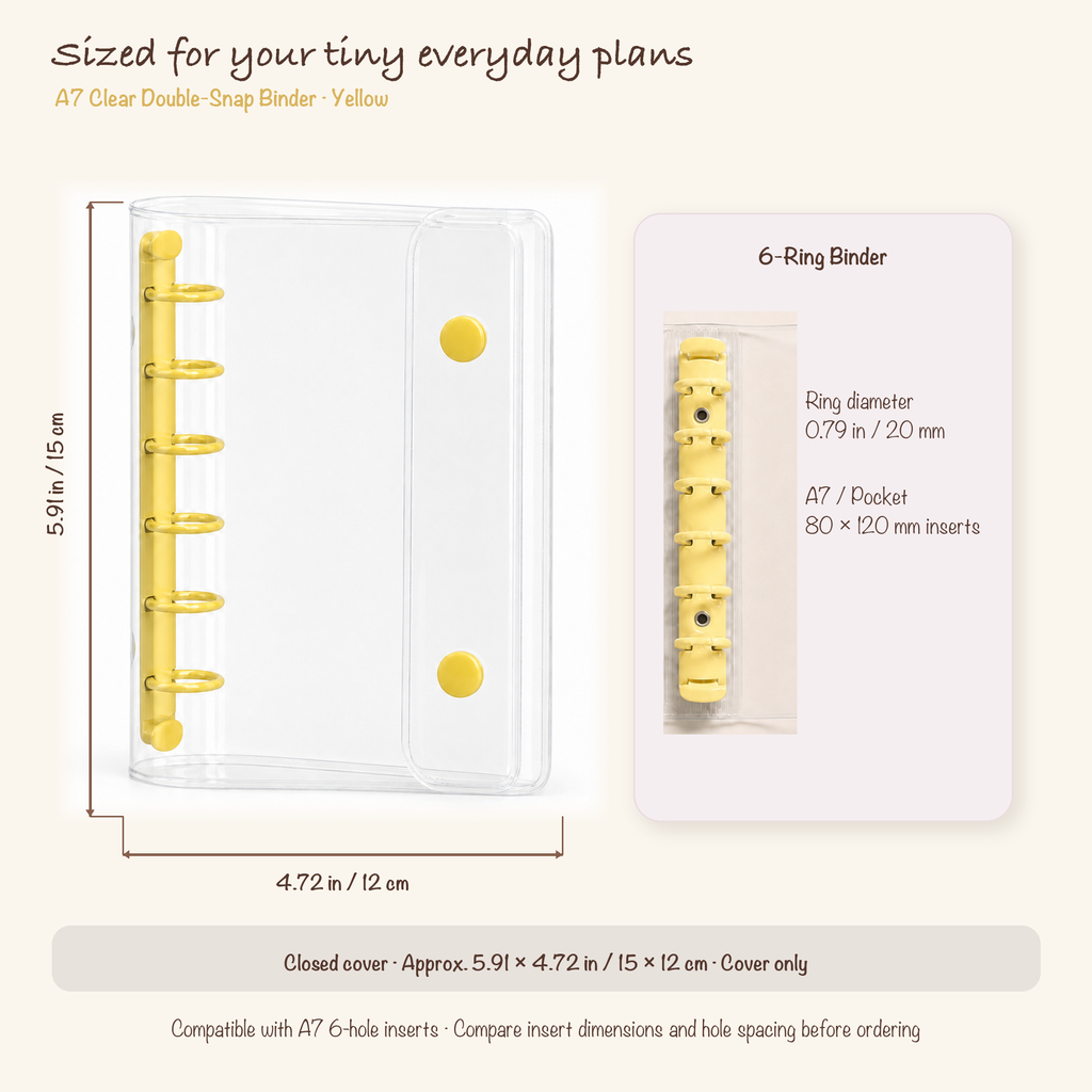 Yellow A7 clear planner binder dimensions and 20 mm six-ring specification
