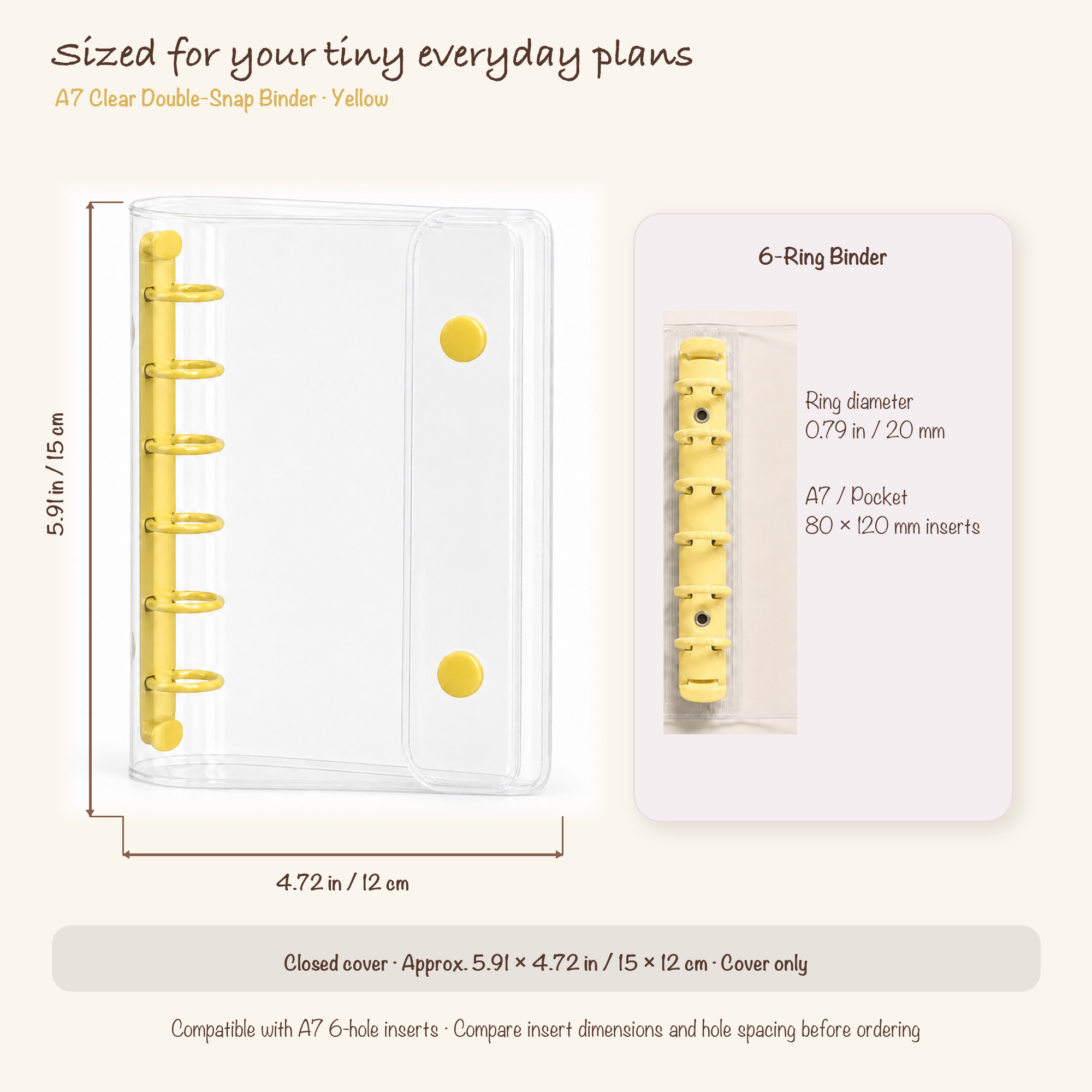 Yellow A7 clear planner binder dimensions and 20 mm six-ring specification