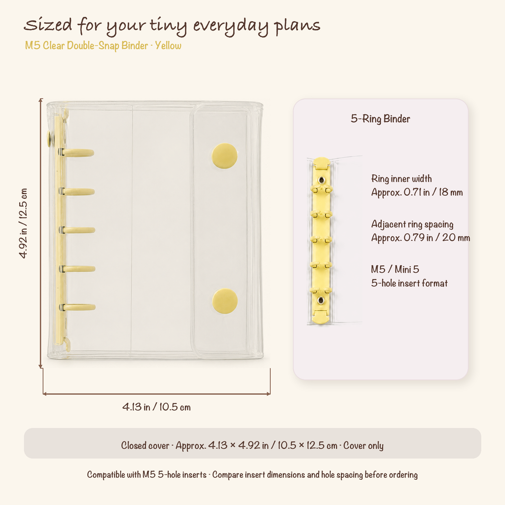 Yellow M5 clear planner binder dimensions, 18 mm ring inner width and five-hole spacing