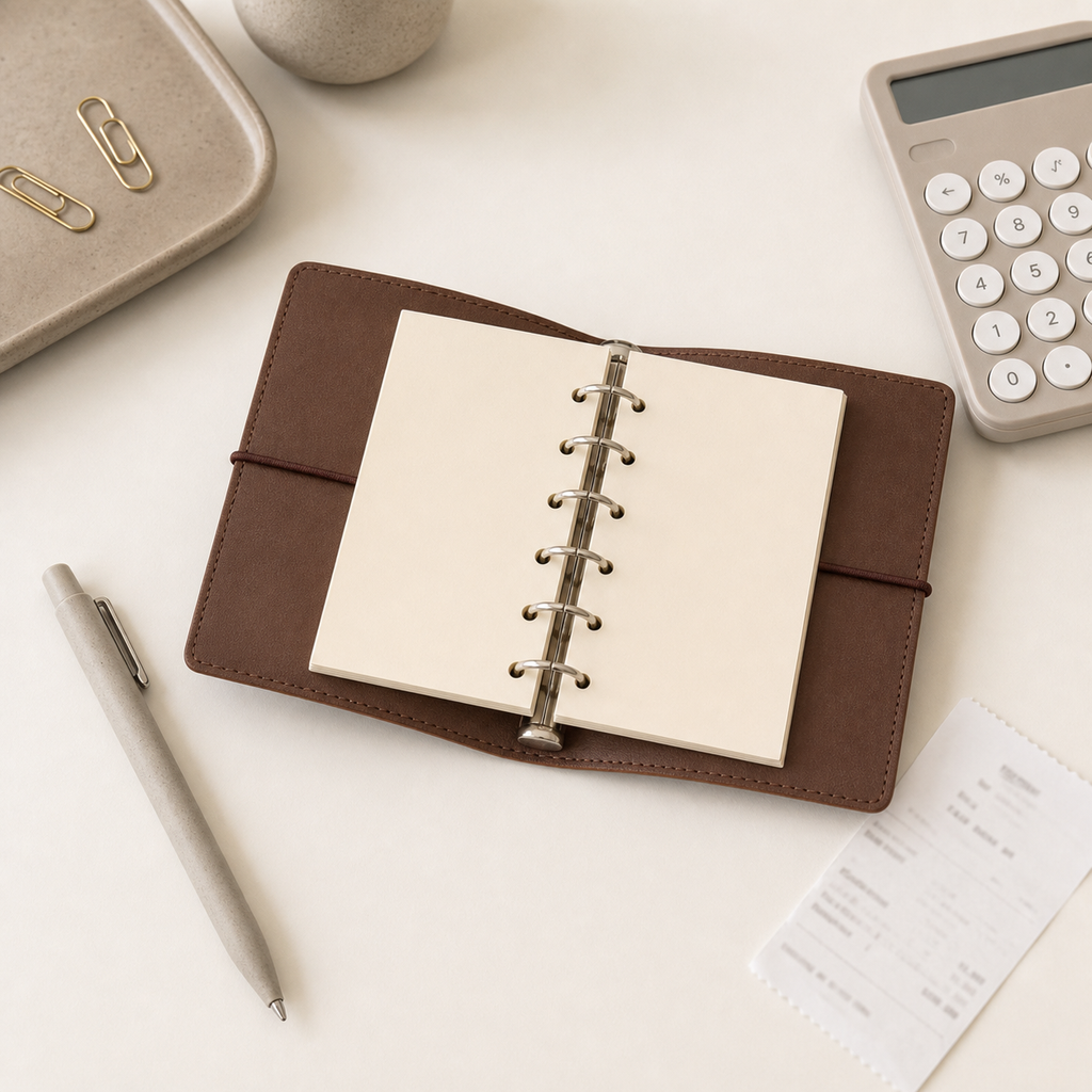 Cocoa Brown A7 pocket planner cover in a calm desk setup