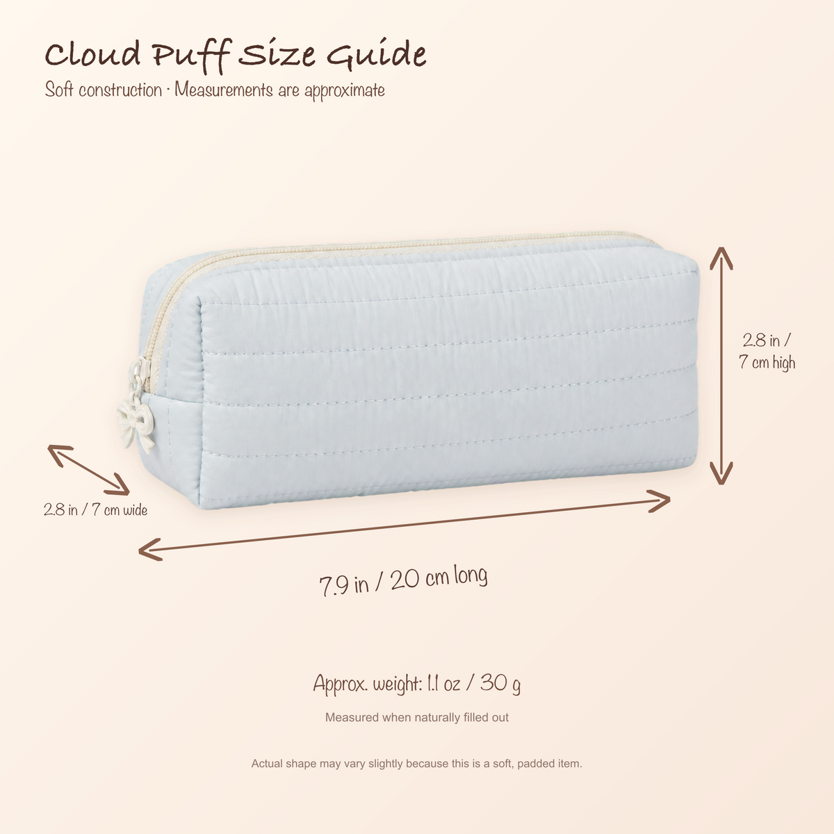Cloud Puff pencil case size guide showing 20 by 7 by 7 centimeters and approximate 30 gram weight