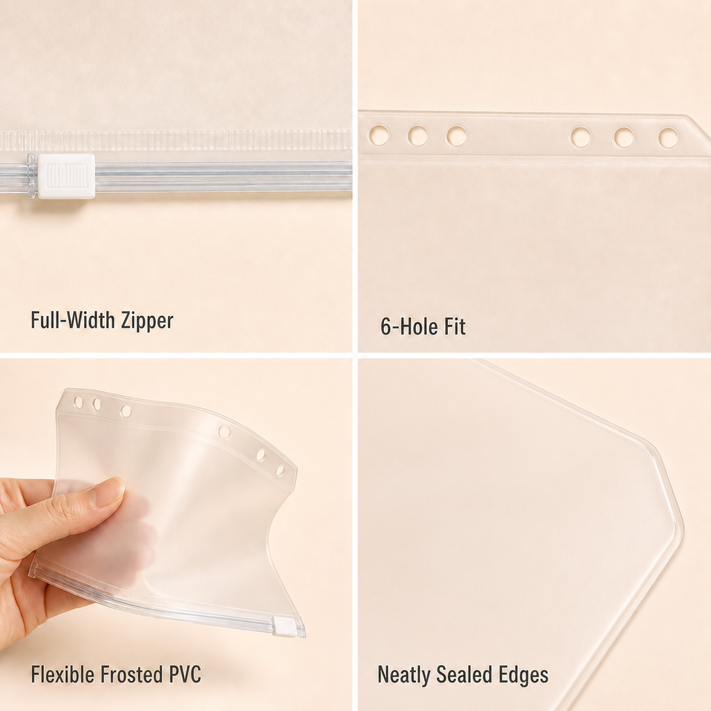 A6 zipper pocket full-width zipper, six-hole fit, flexible PVC and sealed-edge details