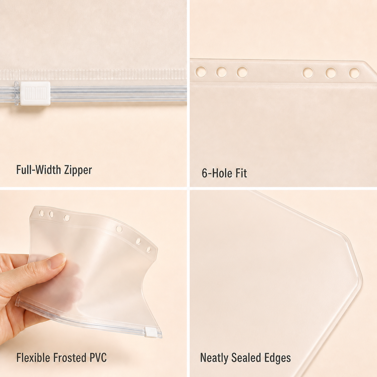A6 zipper pocket full-width zipper, six-hole fit, flexible PVC and sealed-edge details