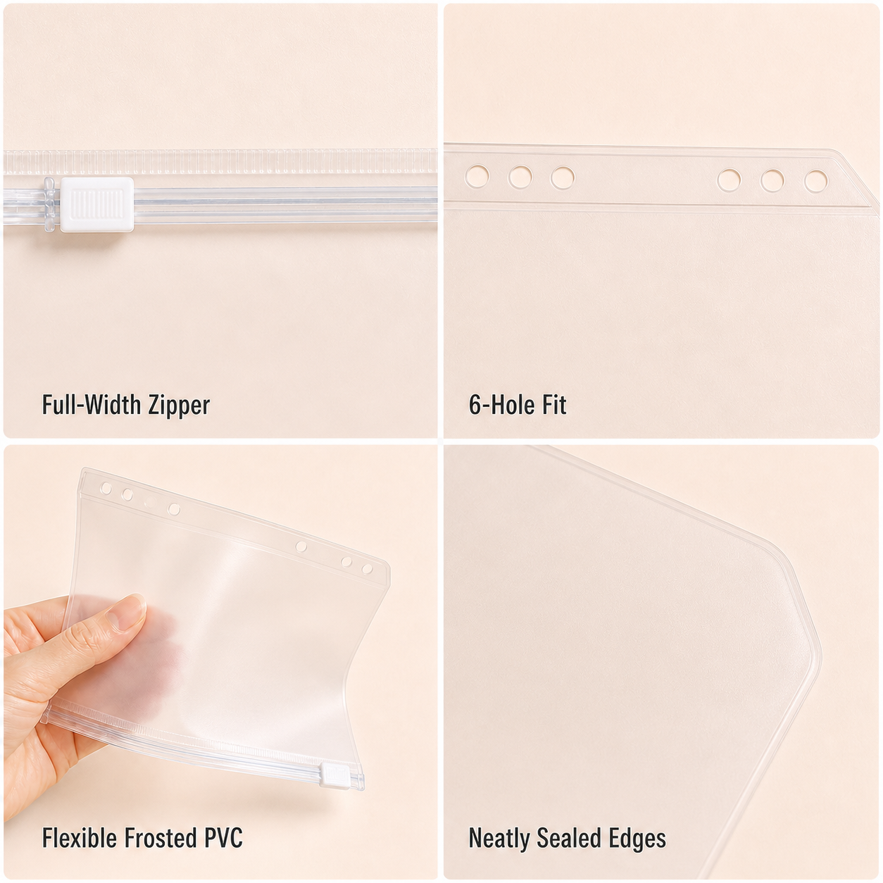 A5 zipper pocket full-width zipper, six-hole fit, flexible PVC and sealed-edge details