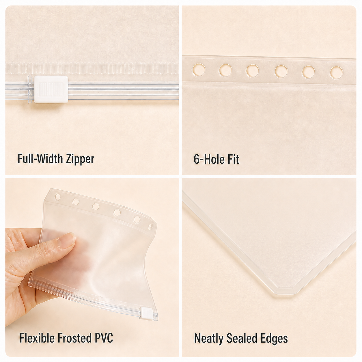 A7 zipper pocket full-width zipper, six-hole fit, flexible PVC and sealed-edge details