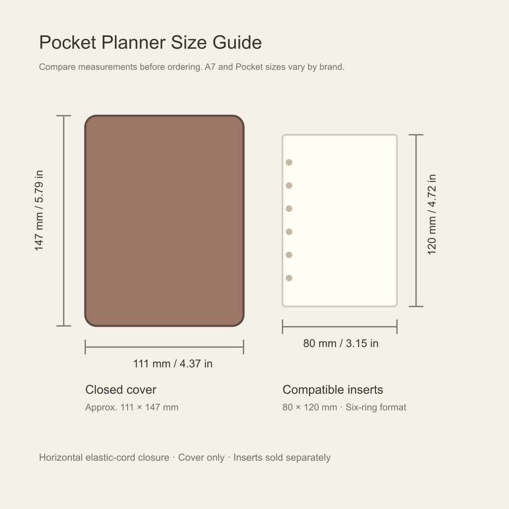 A7 pocket planner cover size guide for 80 x 120 mm inserts