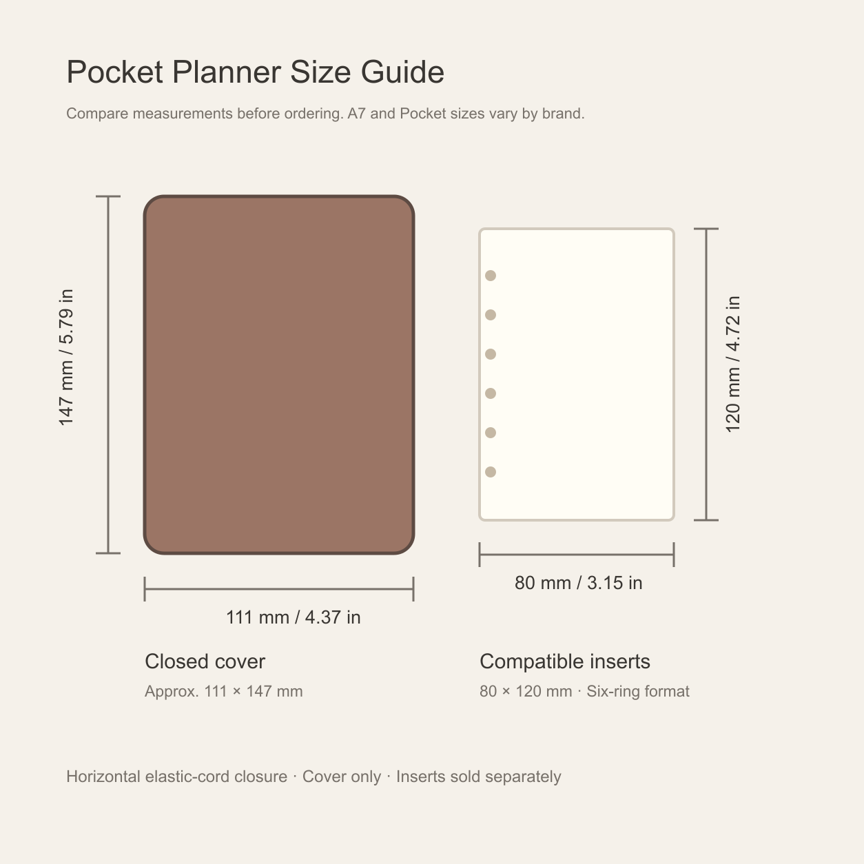 A7 pocket planner cover size guide for 80 x 120 mm inserts