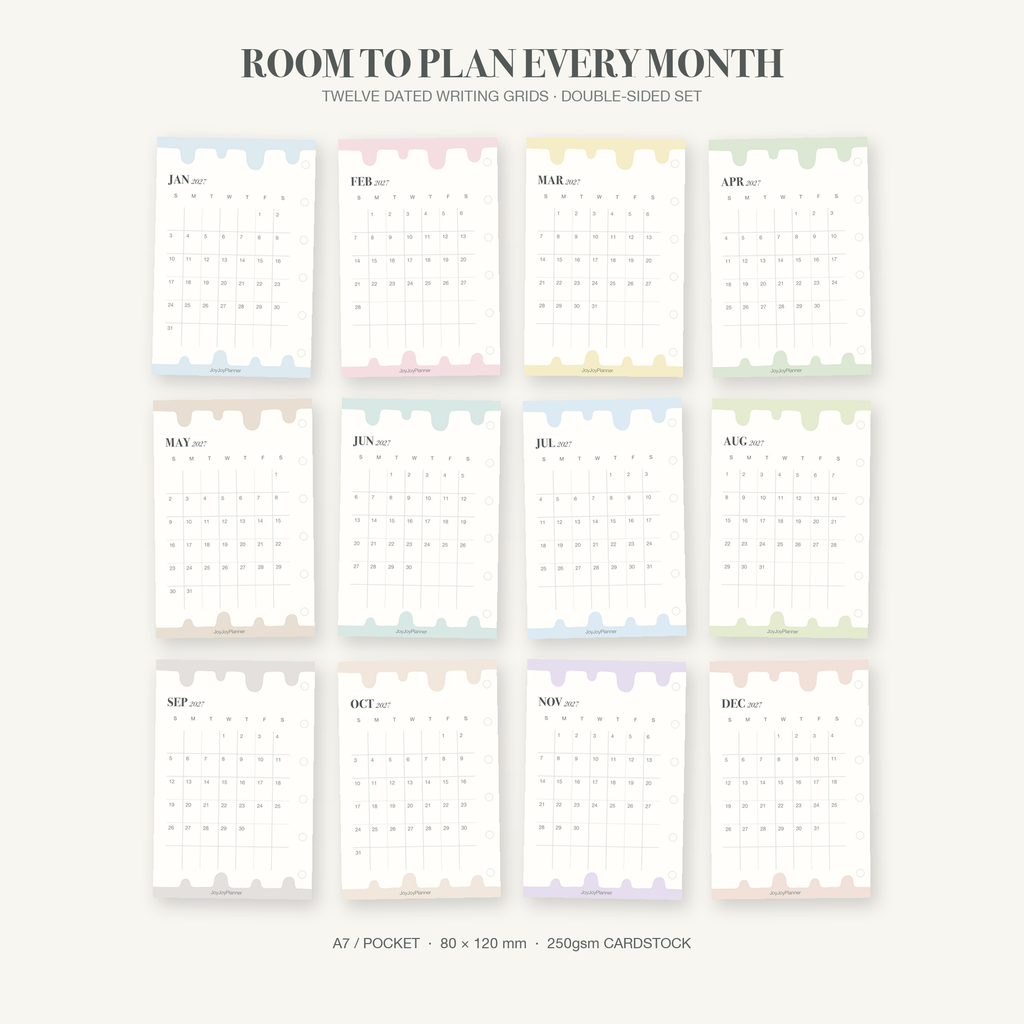 Back layouts of all twelve 2027 A7 Pocket monthly calendar cards with dated writing grids