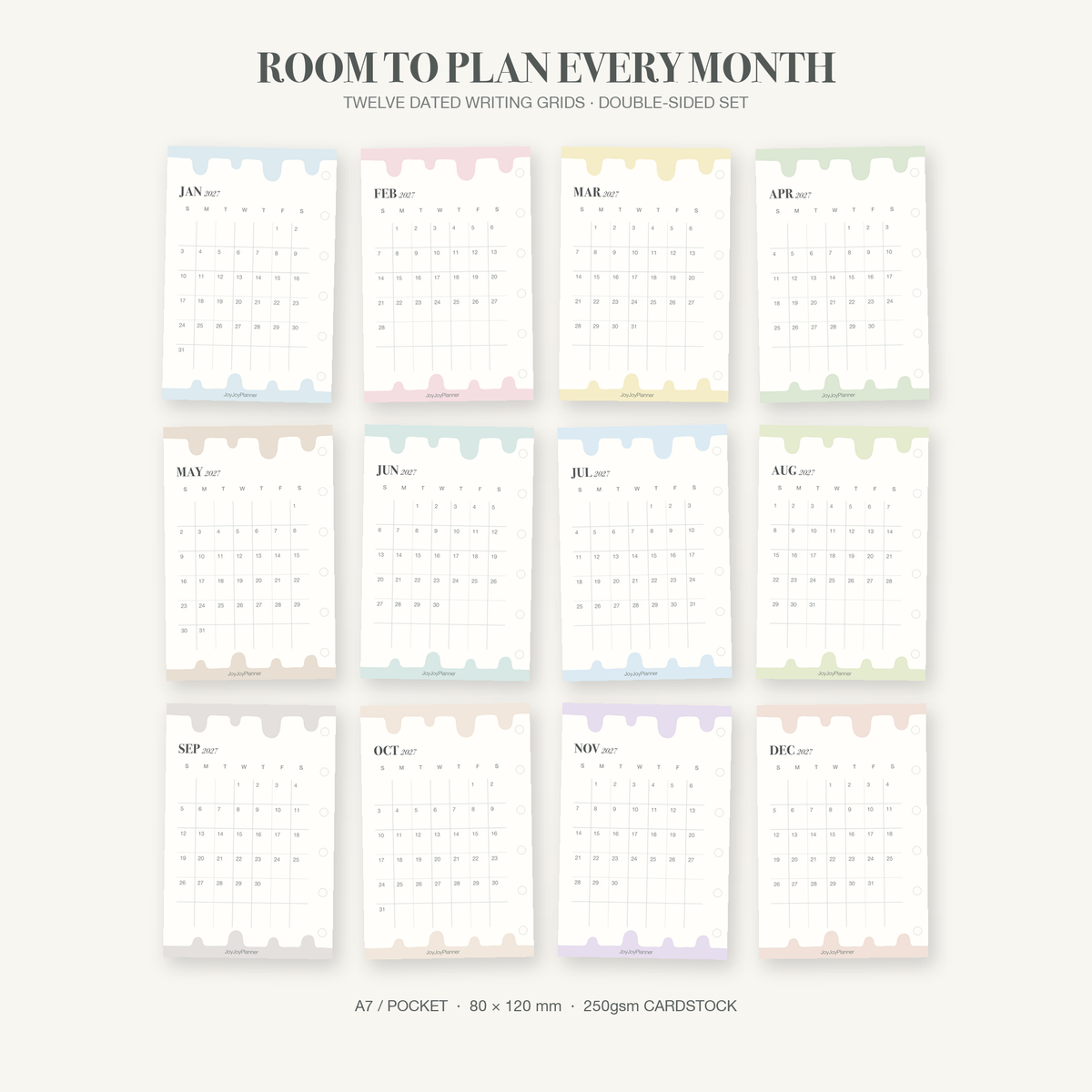 Back layouts of all twelve 2027 A7 Pocket monthly calendar cards with dated writing grids
