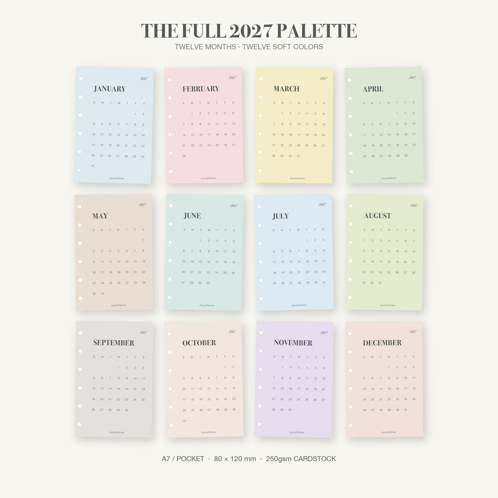Full set of twelve 2027 A7 Pocket monthly calendar cards in coordinated soft colors