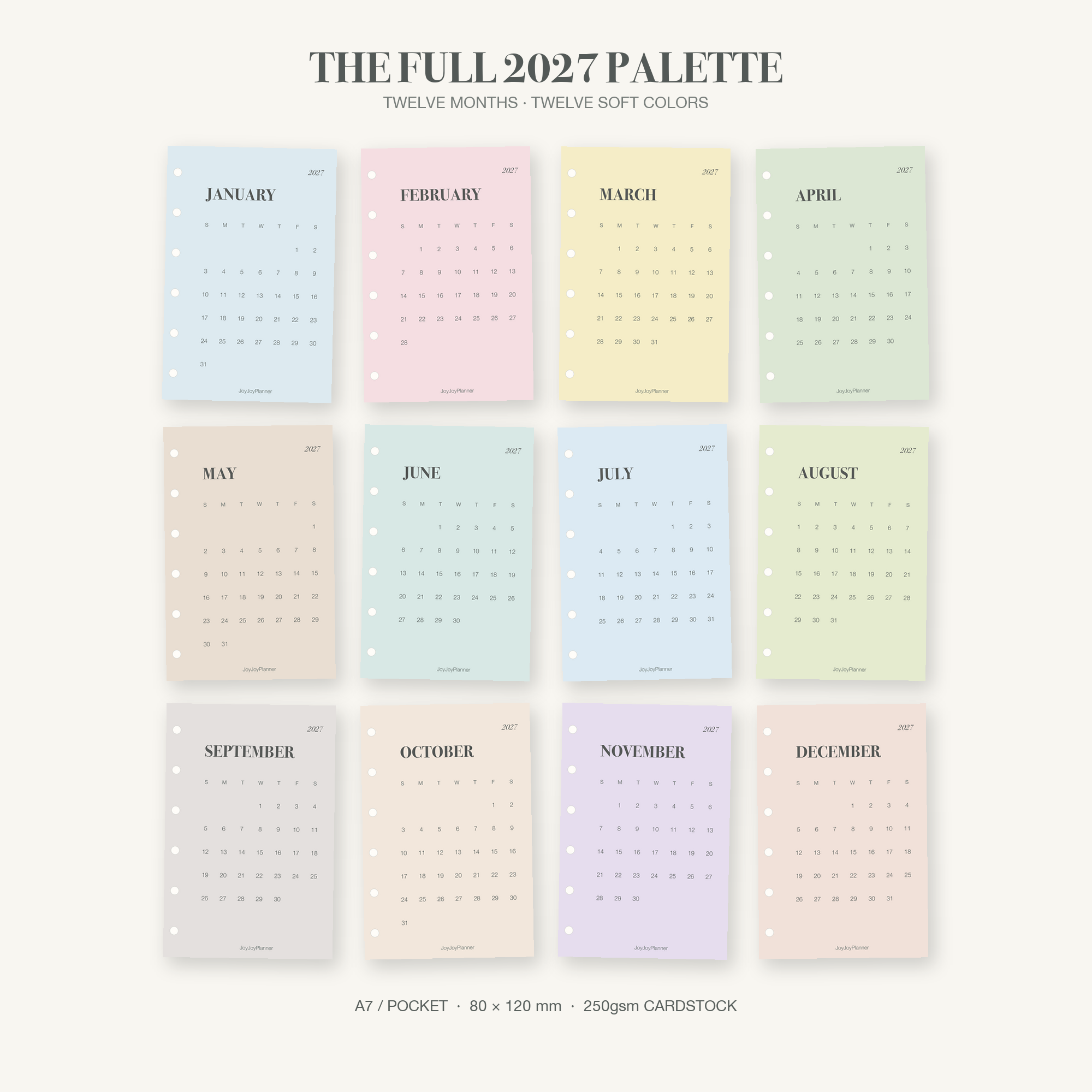 Full set of twelve 2027 A7 Pocket monthly calendar cards in coordinated soft colors