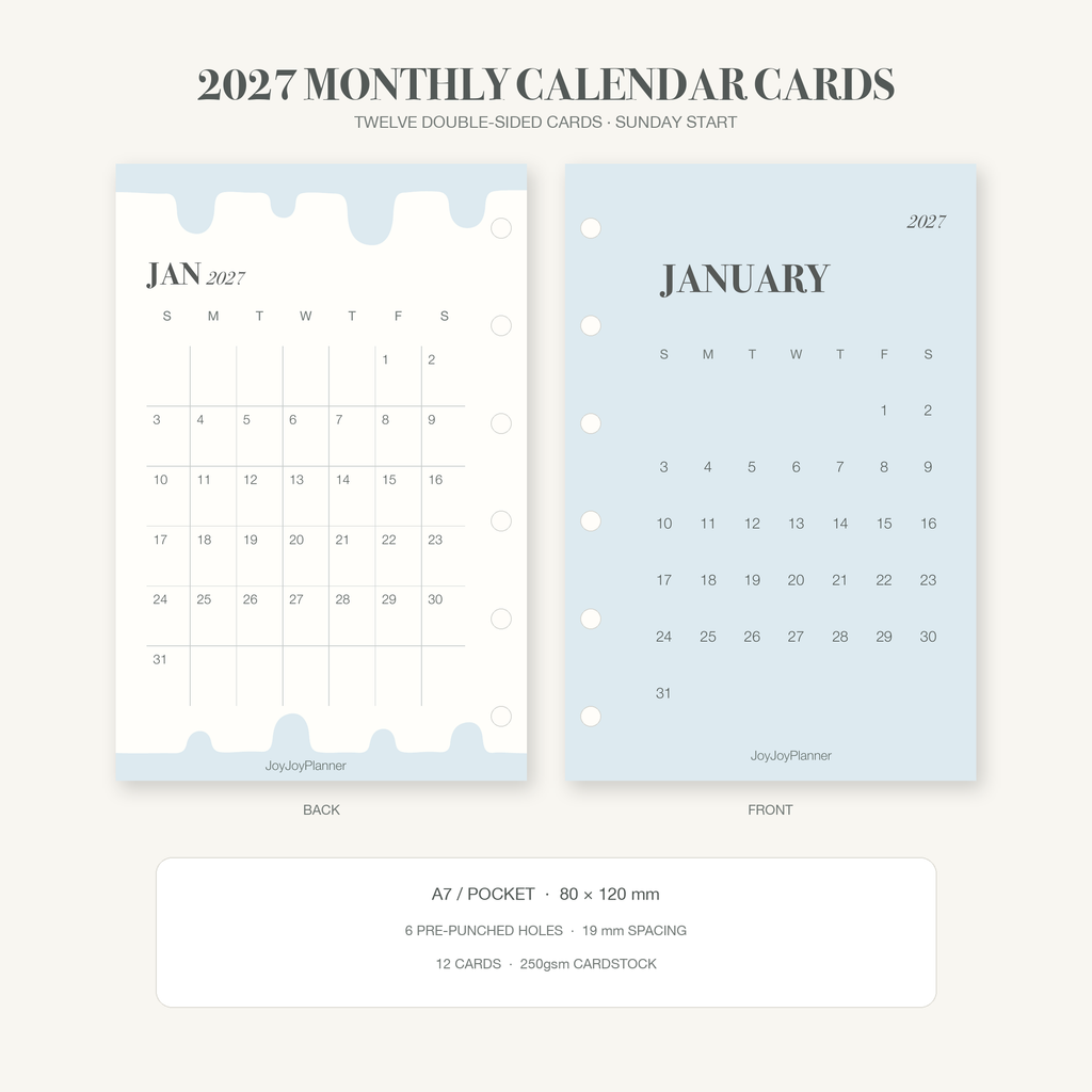 January 2027 A7 Pocket monthly planner insert showing the dated overview front and writing grid back