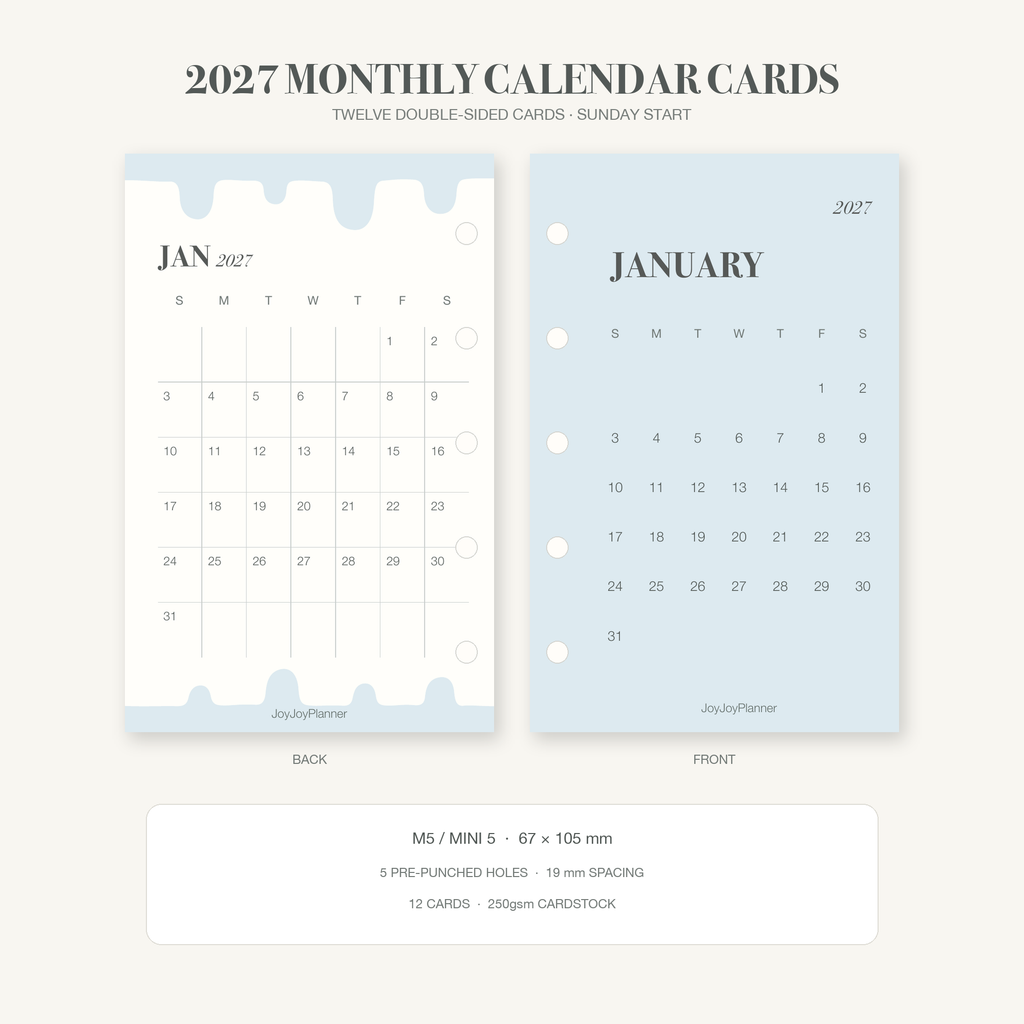 2027 M5 Mini 5 monthly calendar cards with January back and front layouts and product specifications