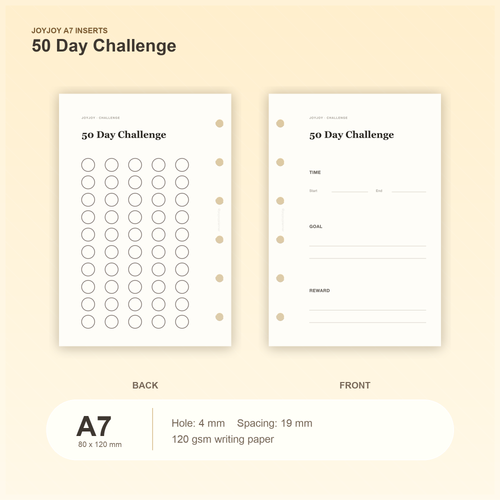 50 Day Challenge A7 pocket planner insert with size, hole spacing and paper information
