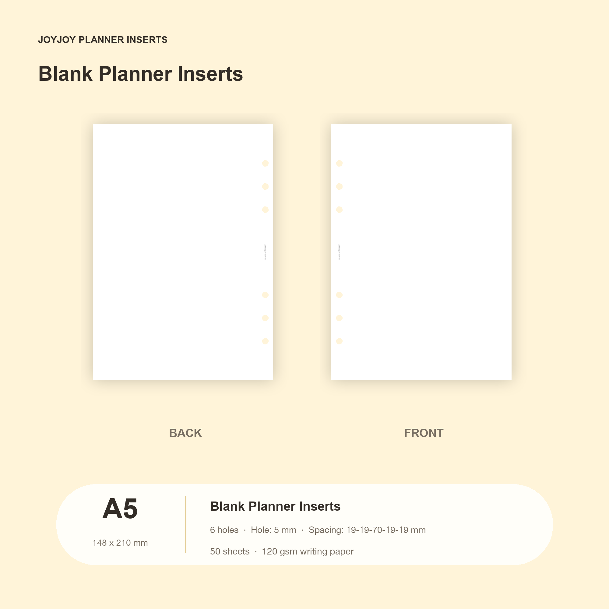 Blank planner inserts in JOYJOY A5 size, 148 x 210 mm, six hole, 50 sheets