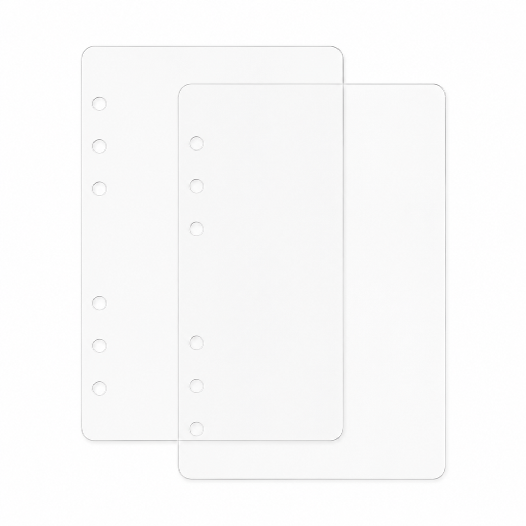 Two crystal-clear A5 PET planner dashboards with six holes in a three-plus-three pattern on a white background