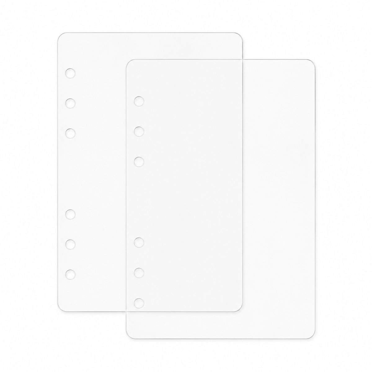 Two crystal-clear A5 PET planner dashboards with six holes in a three-plus-three pattern on a white background