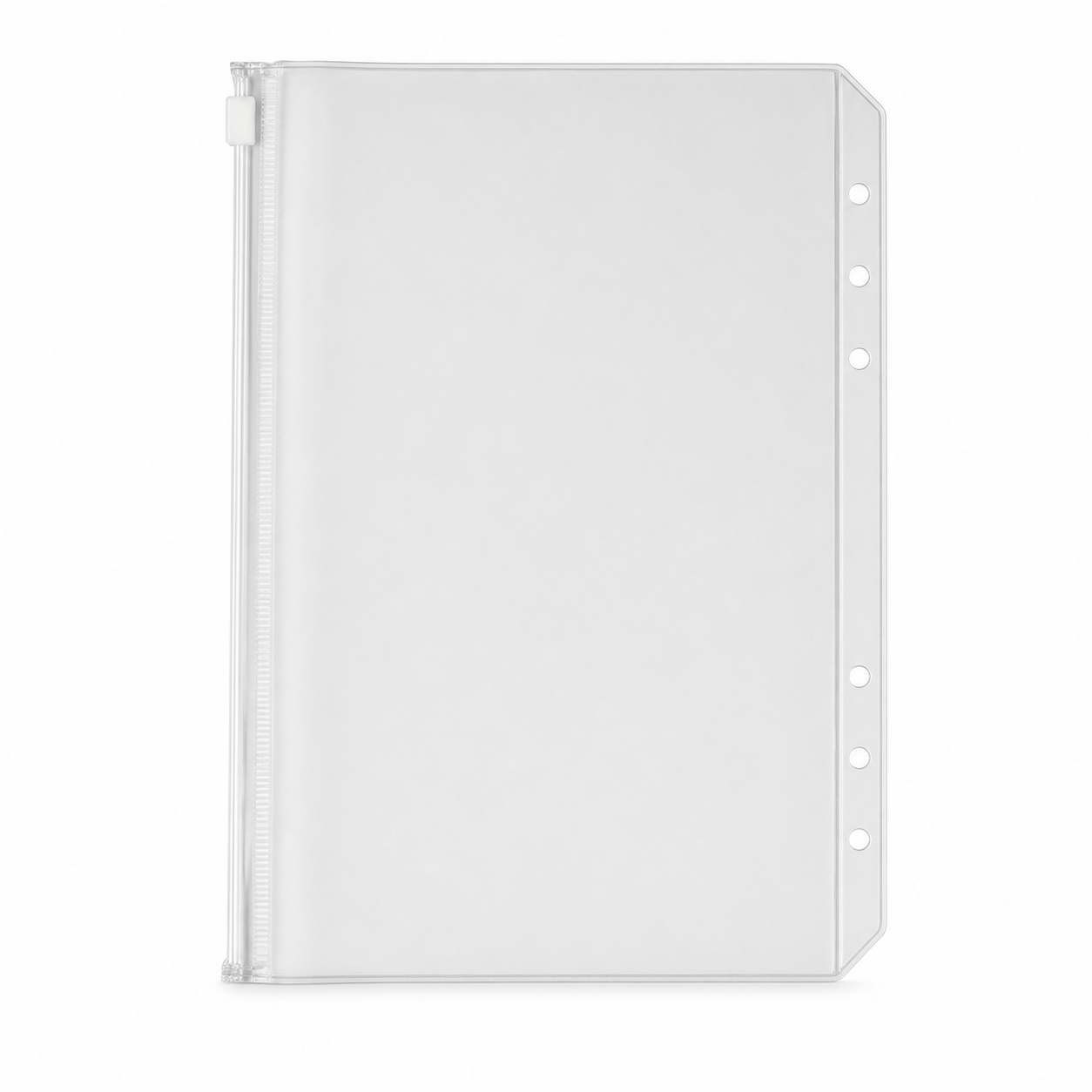 Frosted clear A5 zipper binder pocket with six holes on a white background