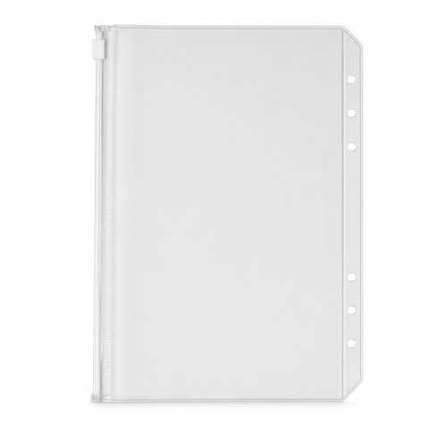 Frosted clear A5 zipper binder pocket with six holes on a white background